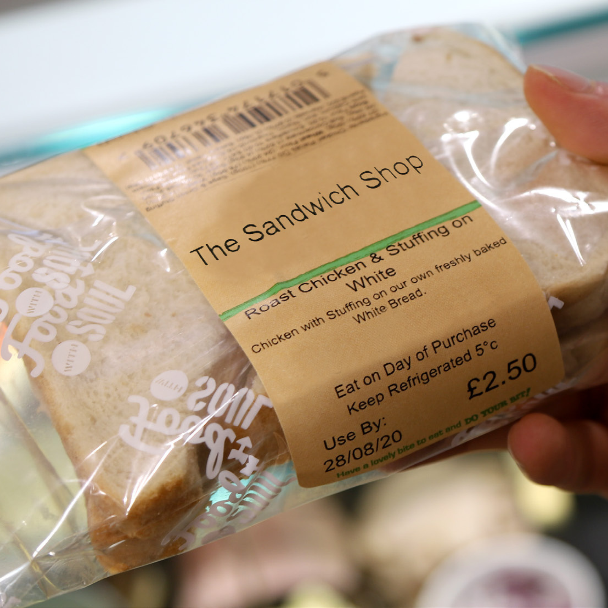 Sandwich compliant with Natasha's Law including price and barcode